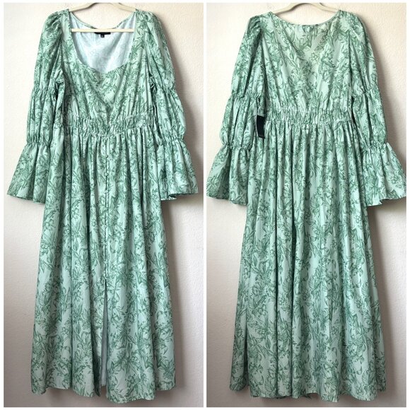 Eloquii 18 Floral Printed Tiered Bubble Sleeve Smocked Waist Midi Dress NEW - Picture 2 of 11